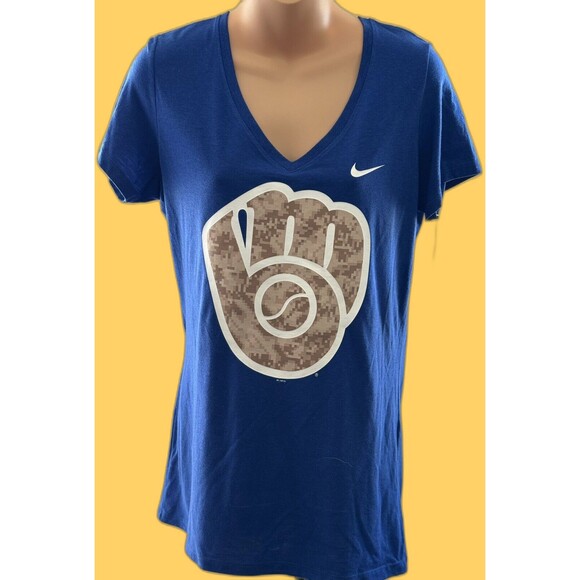 Women’s Large Nike Milwaukee Brewers Camo Pack WSS Rush Blue T-Shirt NWT Sports - Picture 1 of 5
